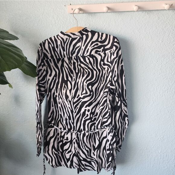 Carole Little 100% linen zebra tunic style button front brided belt blouse - Picture 6 of 14